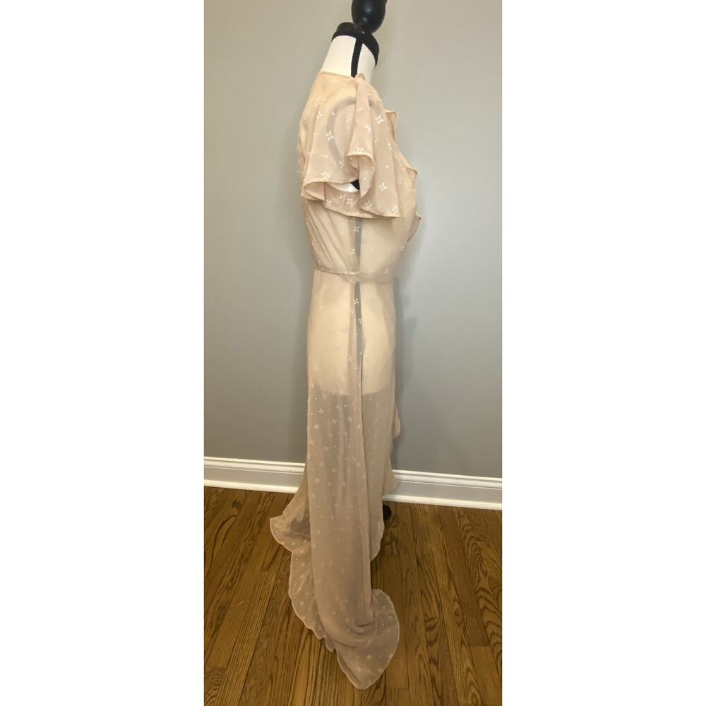 GB Peach Floral Chiffon Wrap Dress Ruffle Midi Maxi Tie Waist Womens S - Picture 5 of 6